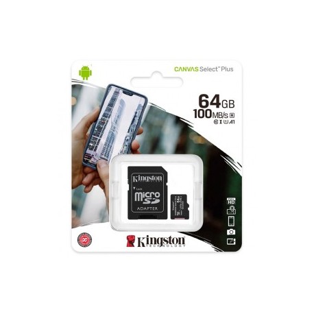 Memoria Micro SD Canvas Select Plus de 64GB Clase 10 C/Adaptador marca Kingston