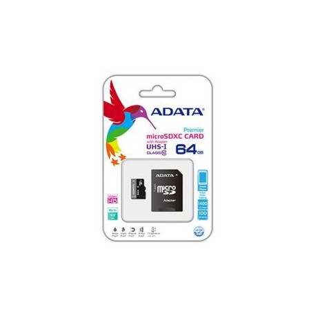 Memoria MicroSD Clase 10 de 64GB + Adaptador SD marca ADATA