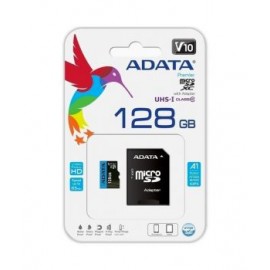 Memoria MicroSD Clase 10 de 128GB + Adaptador SD marca ADATA.