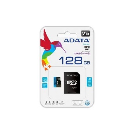 Memoria MicroSD Clase 10 de 128GB + Adaptador SD marca ADATA.